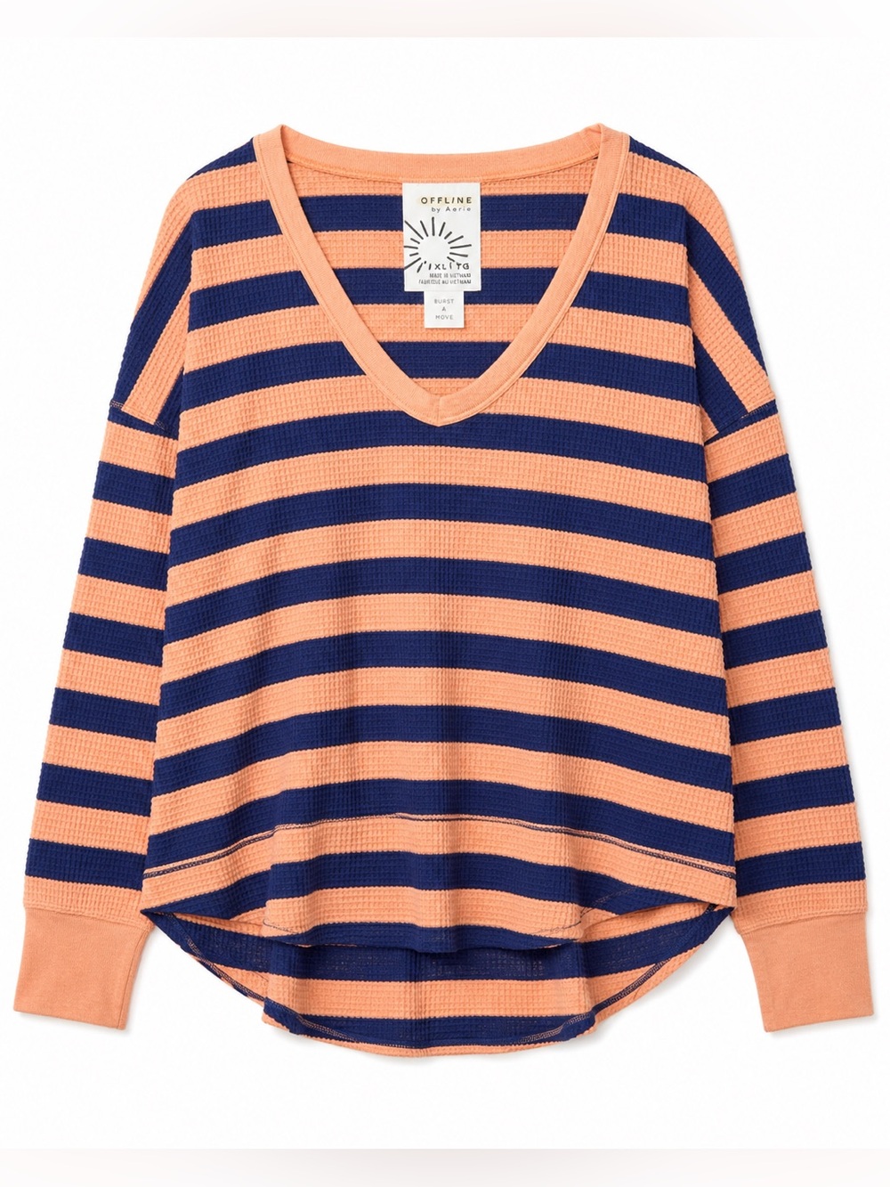 OFFLINE Aerie Burst A Move XL Peach Navy Striped Waffle Knit Top Y2K Oversized